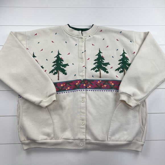 Orvis Vintage Women's Button Up Sweatshirt Size S/M Pine Trees Nature USA MADE - Picture 1 of 8